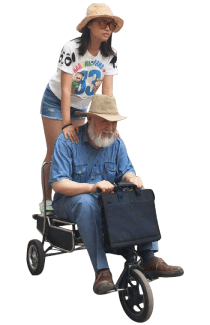 eFOLDi creator carrying his daughter and founder Sumi Wang on his scooter